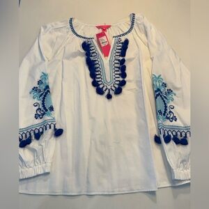 Lilly Pulitzer White Blouse with Blue Embroidery